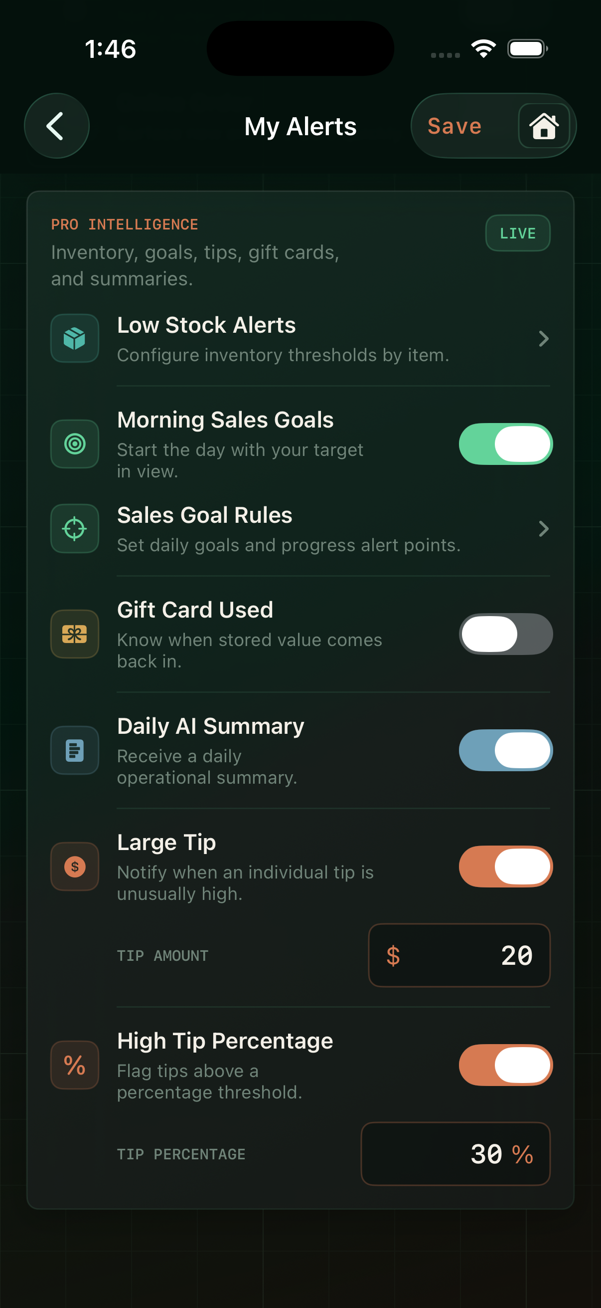 Square Sidekick My Alerts screen
