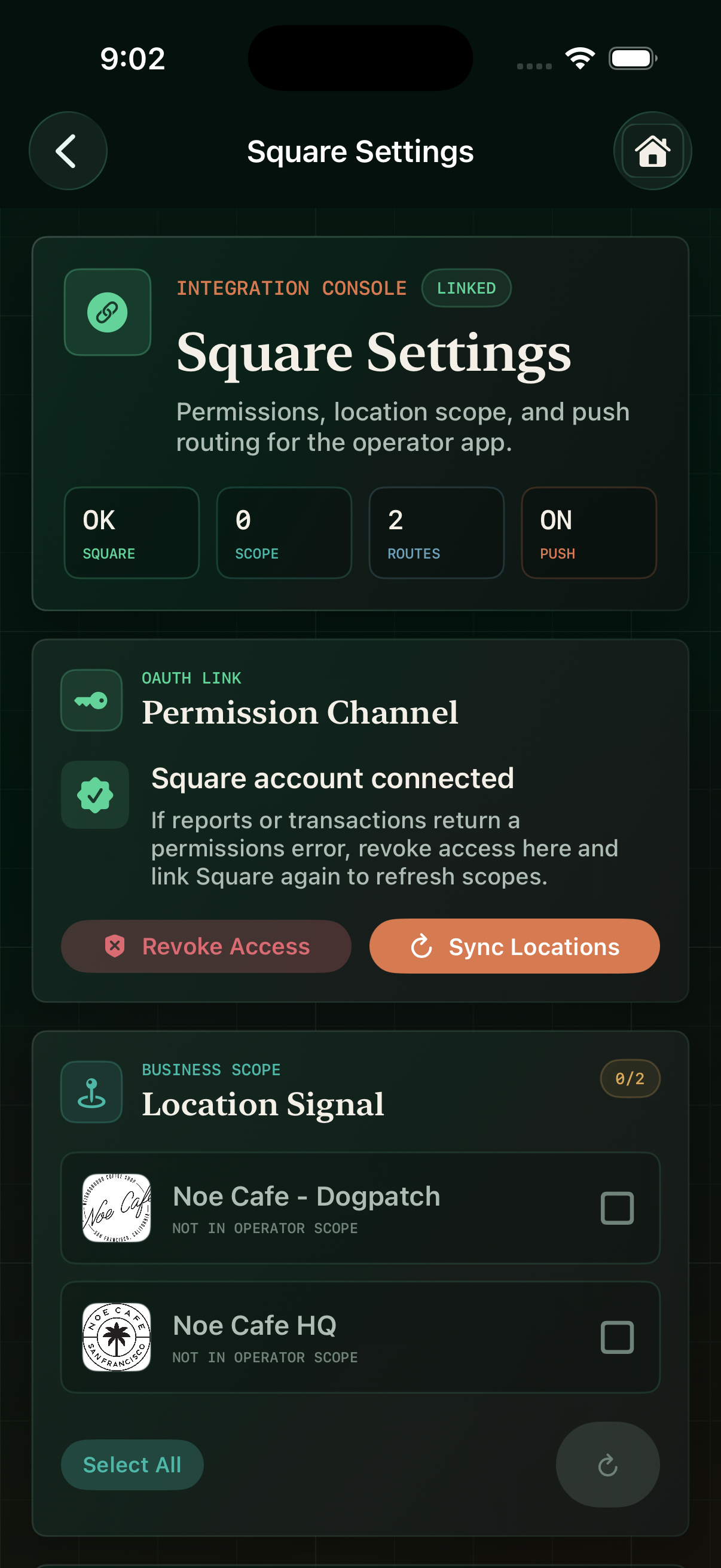 Square Sidekick Square settings screen